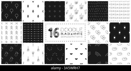 16 Doodle seamless patterns collection. Stock Vector