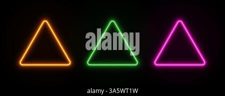 Neon triangles frame light. LED glow border in gold, green and pink color. Vector laser template for design with text isolated on dark background. Stock Vector
