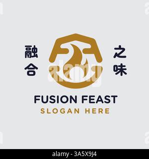 Modern fusion restaurant logo, accompanied by Chinese characters. Ideal for Asian cuisine Stock Vector