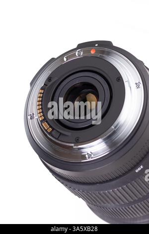 Detailed image showcasing the intricate design of a professional camera lens mount. Perfect for applications in photography, technology discussions, a Stock Photo