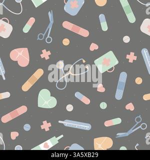 Cute Seamless Vector Pattern with nurse doctors items stethoscope thermometer syringe scissors pills. Vector illustration Stock Vector