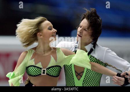 Oksana Domnina (L) and Maxim Shabalin of Russia skate during