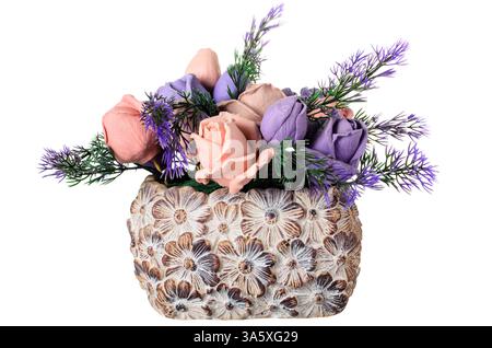 Artificial Flowers in Decorative Stone Pot Stock Photo