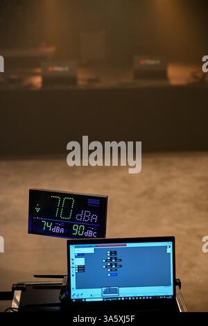 Monitoring sound level during a concert in real-time using audio equipment and software with a digital display Stock Photo