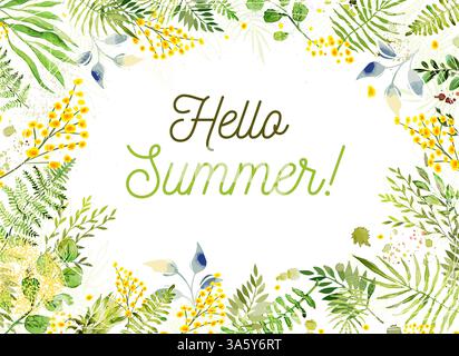 Hello Summer. Watercolor Leaves Frame and mimosa branches. hand drawing. Not AI Vector illustration Stock Vector