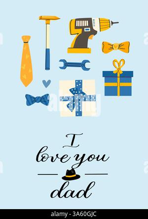 Father's day card with gift boxes and tools on light blue background. Stock Vector