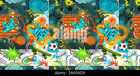 Seamless background street graffiti. hand drawing. Not AI, Vector illustration. Stock Vector