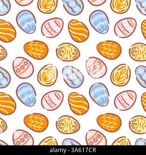 This seamless pattern showcases Easter eggs, each adorned with distinct hand-drawn designs in a variety of colors and patterns. Ideal for adding a pla Stock Vector