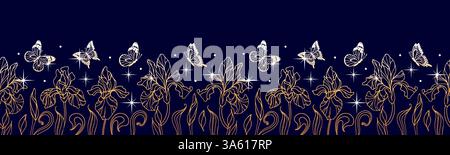 A horizontal border featuring elegant golden irises intertwined with delicate butterflies and shimmering stars, creating a harmonious blend of nature Stock Vector