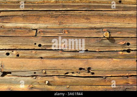 Detailed wooden wall shows natural textures and imperfections under warm sunlight, highlighting the beauty of aged materials. Stock Photo