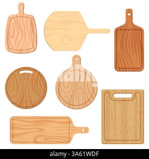 Kitchen wooden cutting boards in different shapes, set isolated on white background. Vector flat cartoon illustration. Cooking and recipe design eleme Stock Vector