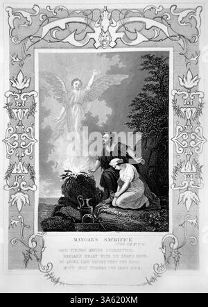 Manoah's Sacrifice (Judges) Manoah and His Barren Wife Sacrificing a Ram to the Lord So They may Have a Child Steel Engraving by Alexander Fletcher C Stock Photo