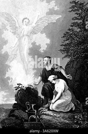 Manoah's Sacrifice (Judges) Manoah and His Barren Wife Sacrificing a Ram to the Lord So They may Have a Child Steel Engraving by Alexander Fletcher C Stock Photo