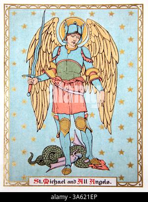 Illustration of Saint Michael Slaying the Dragon (Satan) from Antique 1911 Book Red Letter Saints Stock Photo
