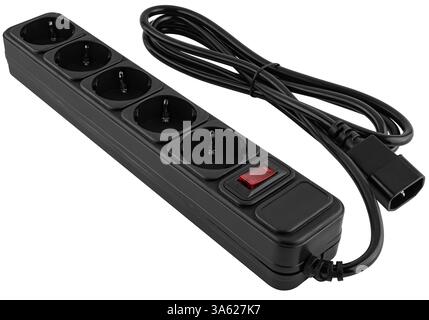 Modern black surge protector with five outlets and switch. on a white background . Functional and reliable accessory for safe power supply. Stock Photo