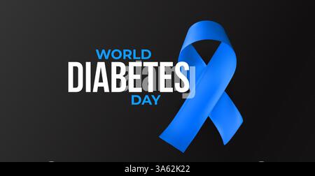 World Diabetes Day poster with blue awareness ribbon and bold text. Symbol of hope, advocacy, prevention. Medical awareness event graphic. 3D modern Stock Vector