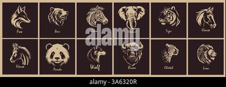 Set of animal logos. hand drawing. Not AI, Vector illustration Stock Vector