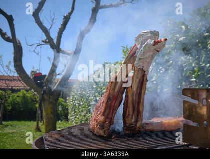 Two tomahawk steaks sizzle on the grill under the sun, a perfect blend of fire, flavor, and summer vibes Stock Photo
