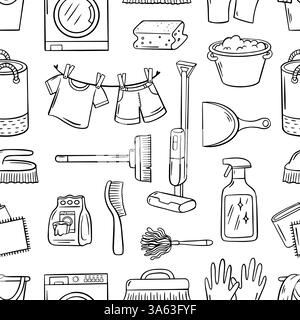 Cleaning service seamless pattern. Black outline doodle elements laundry and clean. Simple print for fabric wrapping wallpaper, neoteric vector Stock Vector