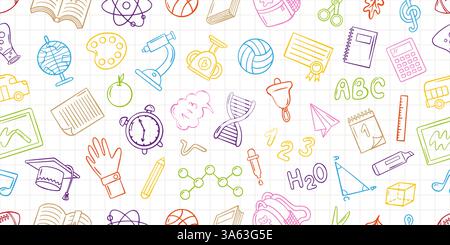 School doodle seamless pattern. Colorful hand drawn symbols of chemistry, math, geometry, geography, biology. Decorative neoteric vector background Stock Vector