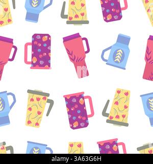 Travel mugs seamless pattern. Decorative stylish printed cups for tourism camping hiking or walking. Fabric wallpaper wrapping neoteric vector print Stock Vector