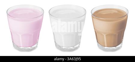 Milk of different flavors in glasses isolated on white. Vanilla, chocolate and strawberry Stock Photo