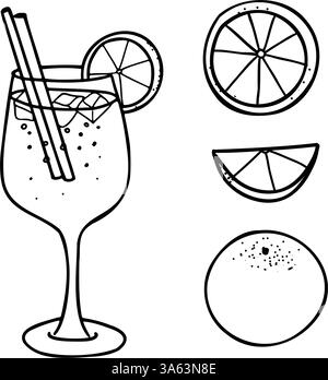 Aperol Spritz Cocktail and Orange Set. Hand drawn Vector illustration of alcohol drink with orange whole fruit and slices in Doodle style. For Stock Vector