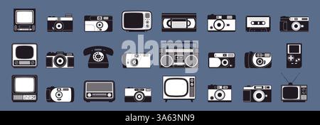 Retro media black stickers. Different technique for home, media and music device. Video cassette, photo camera, television, phone, racy vector set Stock Vector