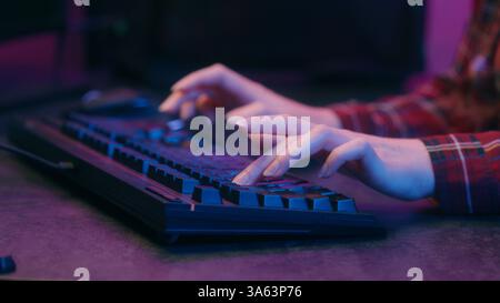 Unrecognizable girl woman hands gamer programmer hacker coding data web antivirus typing keyboard online work study female student businesswoman tech Stock Photo