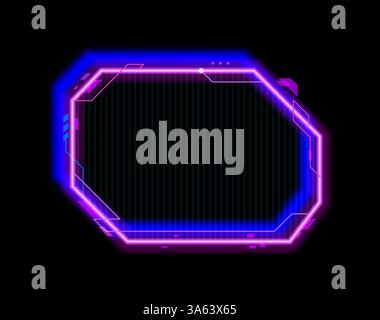 Mobile game electronic neon UI menu frame. SCI FI arcade futuristic HUD design border, computer gaming vector digital led blue and violet light UI menu design element. Game neon glow interface overlay Stock Vector