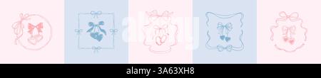 Set of cute pastel hand drawn doodle victorian ribbon frames with bows. Whimsical coquette girly cherry drawing. Wedding invitation. Minimalist vintag Stock Vector