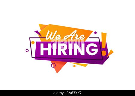 We are hiring icon. Vector speech bubble with bold typography and abstract geometric shapes in orange and purple, conveys urgency and excitement for job recruitment advertisements and hiring campaigns Stock Vector