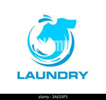 Laundry service, clothing wash service icon. Clothing cleaning and washing room blue emblem or vector sign, laundry service or laundromat vending brand icon with t-shirt spinning in washing machine Stock Vector