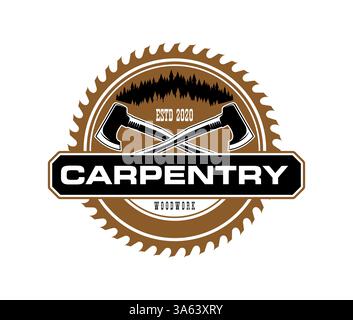 Carpentry woodwork icon featuring crossed axes in front of a circular saw blade and pine tree silhouettes, emphasizing the woodworking tradition and craftsmanship with rugged brown and black tones Stock Vector