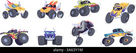 Monster trucks set. Cartoon monstertruck toy cars, pickup with big tire wheels bright design muscle 4wd auto vehicle jumping heavy car race bigfoot sport classy vector illustration original artwork Stock Vector