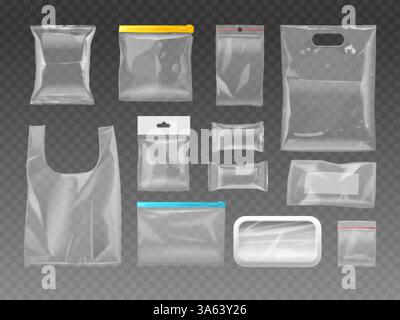 Plastic vacuum packaging. Cellophane polystyrene packing, sealed polyethylene pack mockup for food product branding, empty clear snack wrapper realistic exact vector illustration original artwork Stock Vector