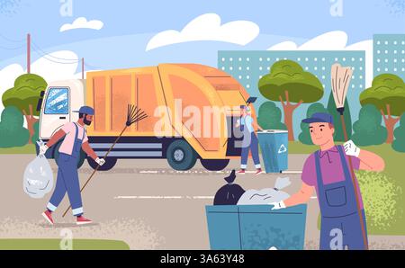 Garbage truck loading. Street cleaners load containers into trash car, collect waste in dustbins city street recycle rubbish workers municipal service, classy vector illustration original artwork Stock Vector