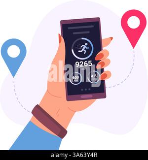 Pedometer app. Hand holding smartphone with step counter smart monitor, mobile phone fitness application health tracker steps exercise progress runner tracking vector illustration original artwork Stock Vector