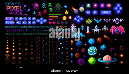 Arcade space 8 bit pixel art game asset. Retro video game interface vector icons set of pixel aliens, spaceships, space rockets and planets, UFO, stars and asteroids. Digital font alphabet and buttons Stock Vector
