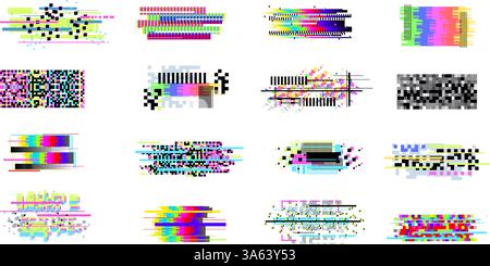 Tv glitch effect set. Screen noise digital artifacts, no signal data interference pixel decay texture glitched vhs video television error abstract bug, classy vector illustration original artwork Stock Vector