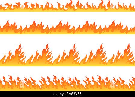 Fire border pattern. Flame ornamental line, hell bonfire seamless horizontal borders cartoon flaming blaze comic hot flames frame background burn bordor, tidy vector illustration original artwork Stock Vector
