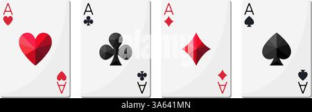 Aces of different suits of playing cards: spades, hearts, diamonds, clubs. Glossy color vector set, shape of crystals Stock Vector