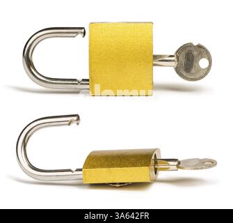 Yellow padlock and keys isolated studio shot Stock Photo
