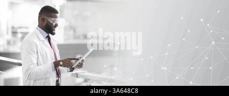 African american medical scientist using digital tablet, copy space Stock Photo