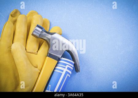 Claw hammer safety gloves engineering drawings on blue background ...