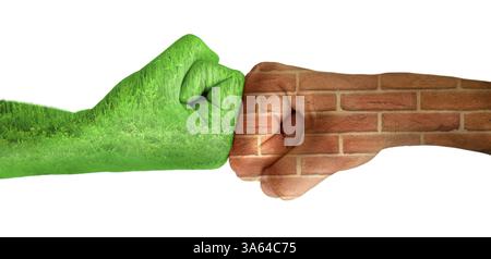 Two hands against each other. Green hand with grass and brick wall hand. Confrontation environment against construction industry. Ecology. White isola Stock Photo