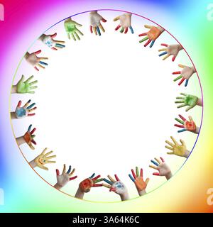 Painted colorful hands . Circle frame with hands Stock Photo