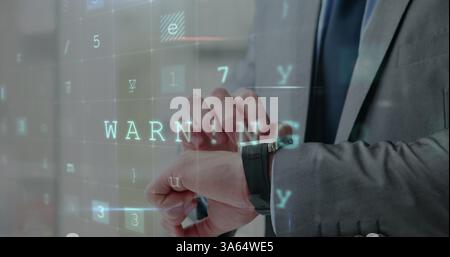 Checking smartwatch, businessman sees digital warning message in office setting Stock Photo