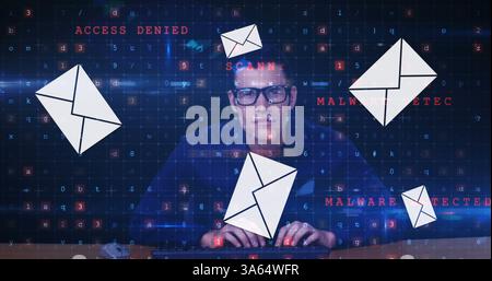 Cybersecurity expert analyzing digital threats on computer with floating email icons Stock Photo