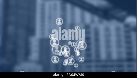 Floating digital network icons over blurred cityscape, showing online connectivity Stock Photo